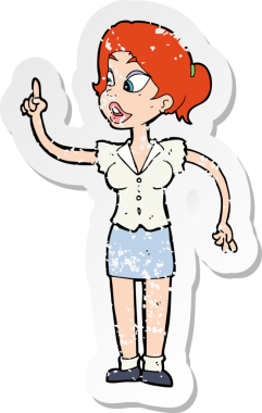 Bir insan tarafından çizilmiş harika bir fikri olan karikatür bir kadının gerilimli retro yapıştırması.