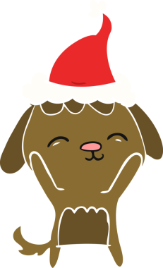 Bir insan tarafından çizilmiş Noel Baba şapkası takan bir köpeğin düz renkli çizimi.