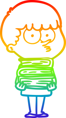 Gökkuşağı gradyan çizgi çizimi bir insan tarafından çizilmiş bir sürü kitabı olan meraklı bir çocuğun çizimi