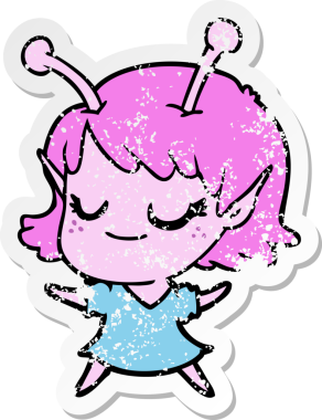 Bir insan tarafından çizilmiş gülümseyen uzaylı kız çizgi filminin sıkıntılı çıkartması.