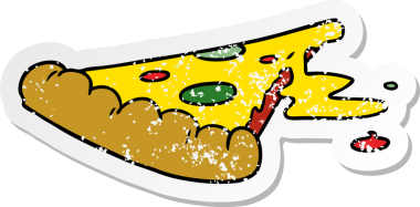 Bir insan tarafından çizilmiş bir dilim pizzanın, kederli çıkartmalı karikatürü.