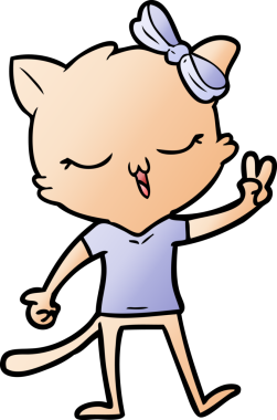 Kafasında yay olan çizgi film kedisi bir insan tarafından çizilmiş barış işareti veriyor.