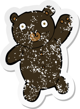 Bir insan tarafından çizilmiş sevimli siyah oyuncak ayının gerilmiş çıkartması.