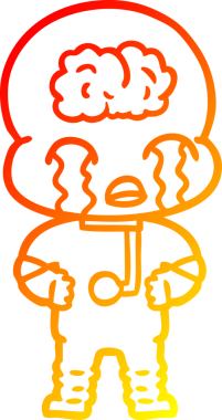 Bir çizgi filmin sıcak çizgi çizimi. Bir insan tarafından çizilmiş ağlayan büyük beyin uzaylısı.