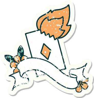 Bir insan tarafından çizilmiş alevli bir kartın pankartı olan eski bir etiket.