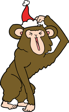 Bir insan tarafından çizilmiş Noel Baba şapkası takan bir şempanzenin el çizimi.