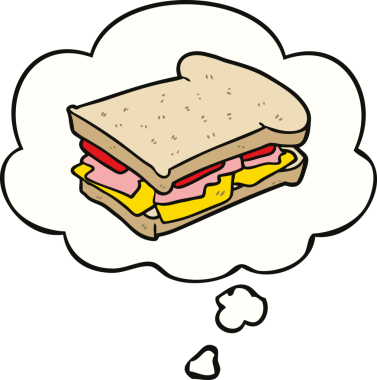 Bir insan tarafından çizilmiş düşünce balonlu jambonlu sandviç.