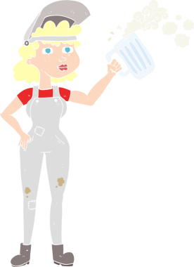 Bir insan tarafından çizilmiş biralı çalışkan bir kadının düz renk çizimi