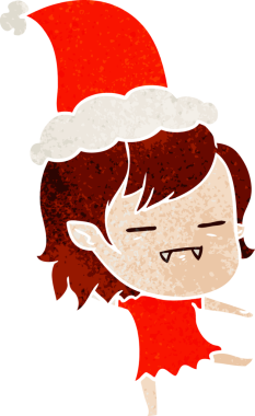 Bir insan tarafından çizilmiş Noel Baba şapkası giyen ölümsüz bir vampir kızın el çizimi karikatürü.