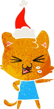 Bir insan tarafından çizilmiş Noel Baba şapkası takan bir kedinin retro çizgi filmi.