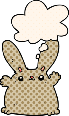 Çizgi roman tarzında bir insan tarafından çizilmiş düşünce kabarcığı olan çizgi film tavşanı.