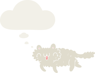 Düşünce baloncuğu olan çizgi film kedisi insan tarafından çizilmiş.