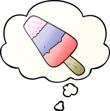 Karikatür buz lolipopu. Düşünce baloncuğu bir insan tarafından çizilmiş.