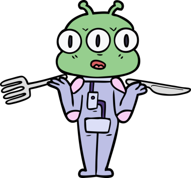 Bir insan tarafından çizilmiş çatal ve bıçaklı üç gözlü uzaylı çizgi filmi.