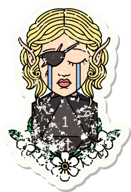 Ağlayan bir elf karakterinin grunge sticker 'ı. Doğal bir D20 ruloyla bir insan tarafından çizilmiş.