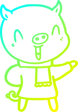 Bir insan tarafından çizilmiş kışlık giysiler içinde mutlu bir domuz çizimi.