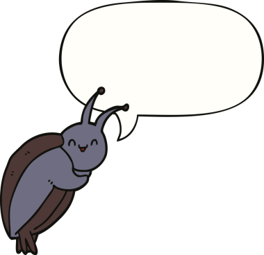 Bir insan tarafından çizilmiş konuşma balonu olan sevimli çizgi film böceği.