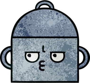 Bir insan tarafından çizilmiş yemek tenceresinin retro grunge desenli karikatürü