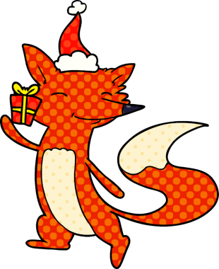 Bir insan tarafından çizilmiş Noel Baba şapkası giyen mutlu bir tilkinin el çizimi çizgi roman çizimi.