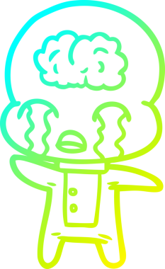 Bir çizgi filmin soğuk gradyan çizimi. Bir insan tarafından çizilmiş ağlayan büyük beyin uzaylısı.