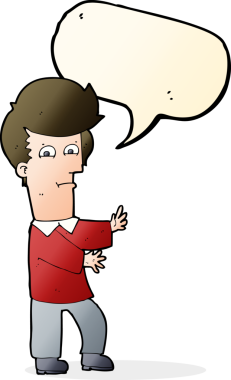 Bir insan tarafından çizilmiş konuşma baloncuğuyla el kol hareketi yapan bir karikatürist.