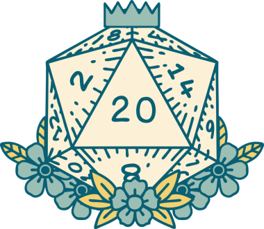 Retro Dövme Biçimi Doğal 20 D20 zar bir insan tarafından çizilmiş çiçek elementleriyle