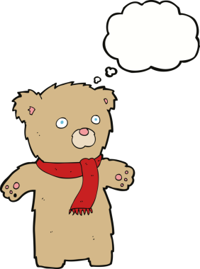 Bir insan tarafından çizilmiş düşünce balonlu oyuncak ayı.