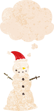 Düşünce baloncuğu ve grunge ile kardan adam çizgi film insan tarafından çizilmiş tedirgin retro tarzı