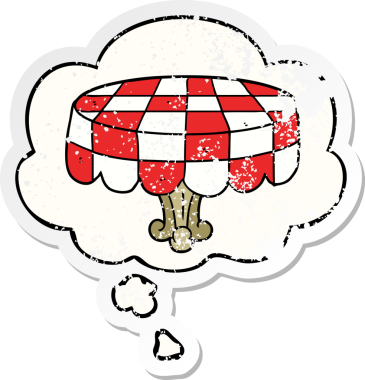 Düşünce baloncuklu karikatür masası bir insan tarafından çizilmiş yıpranmış bir çıkartma gibi.