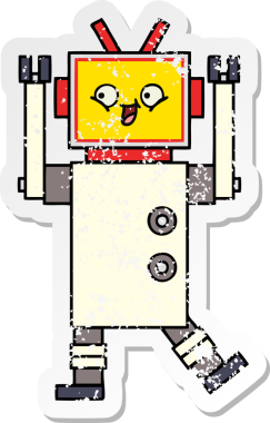 Bir insan tarafından çizilmiş sevimli bir robot çizgi film çıkartması.