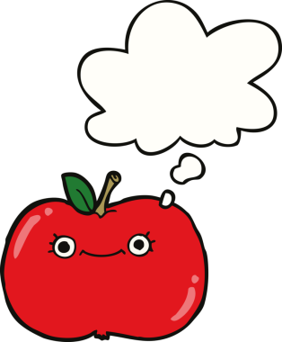 Bir insan tarafından çizilmiş düşünce baloncuklu şirin çizgi film elması.