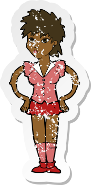 Bir insan tarafından çizilmiş kalçasında elleri olan bir karikatür kadının gerilmiş çıkartması.