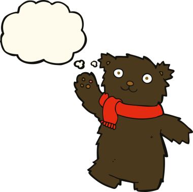 Bir insan tarafından çizilmiş düşünce baloncuklu atkı takan çizgi film ayısı.