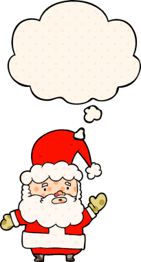 Çizgi roman tarzında bir insan tarafından çizilmiş düşünce balonlu Noel Baba çizgi filmi.