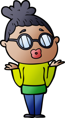 Bir insan tarafından çizilmiş gözlüklü, kafası karışık bir kadın çizgi filmi.