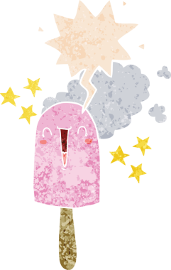 Tatlı buz lolipopu, grunge 'da konuşma baloncuğu olan sıkıntılı eski moda bir insan tarafından çizilmiş.