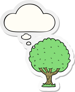 Düşünce baloncuğu insan tarafından çizilmiş bir çıkartma olan çizgi film ağacı.