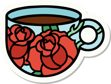 Geleneksel bir kupa stili dövme çıkartması ve bir insan tarafından çizilmiş çiçekler.