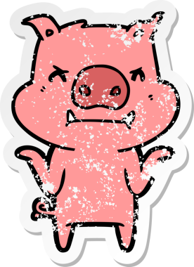 Kızgın çizgi film karakterinin sıkıntılı çıkartması. Bir insan tarafından çizilmiş omuz silken domuz.