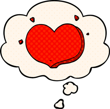 Çizgi roman tarzında bir insan tarafından çizilmiş düşünce baloncuklu karikatür kalbi.