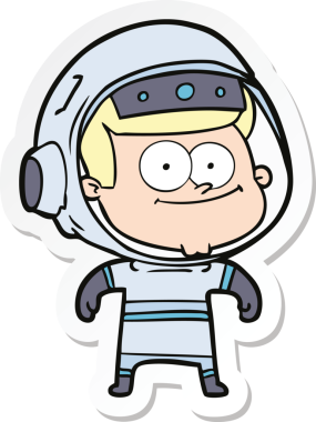Bir insan tarafından çizilmiş mutlu bir astronot çizgi filminin çıkartması.
