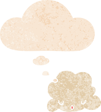 Düşünce baloncuğu ve grunge ile sevimli çizgi film bulutu bir insan tarafından çizilmiş sıkıntılı retro dokuma tarzı