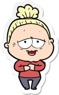 Bir insan tarafından çizilmiş mutlu yaşlı bir kadının çıkartması.