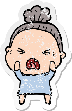 Bir insan tarafından çizilmiş kızgın yaşlı bir kadının sıkıntılı çıkartması.