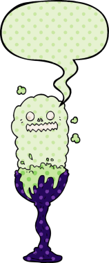 Bir insan tarafından çizilmiş, çizgi roman tarzında konuşma baloncuğu olan bir Cadılar Bayramı iksiri bardağı.