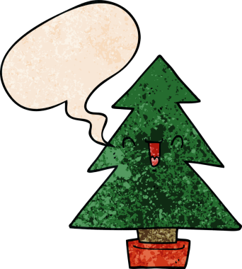 Bir insan tarafından çizilmiş eski dokuda konuşma baloncuğu olan çizgi film Noel ağacı.