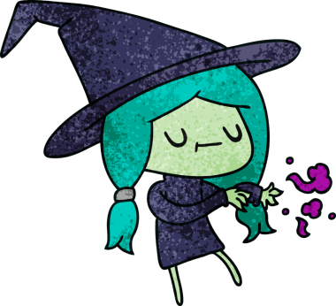 Bir insan tarafından çizilmiş kawai cadısının el yazısıyla çizilmiş karikatürü.