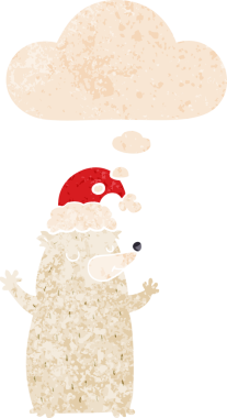 Hoş bir çizgi film Noel ayısı. Düşünce baloncuğu, grunge 'da sıkıntılı retro tarzı bir insan tarafından çizilmiş.