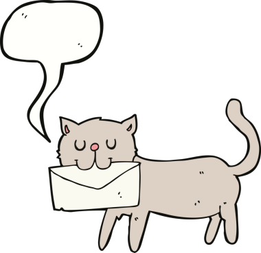 Bir insan tarafından çizilmiş konuşma balonlu bir mektup taşıyan çizgi film kedisi.