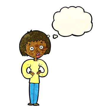 Bir insan tarafından çizilmiş düşünce baloncuğuyla kendine el kol hareketi yapan karikatür kadını.